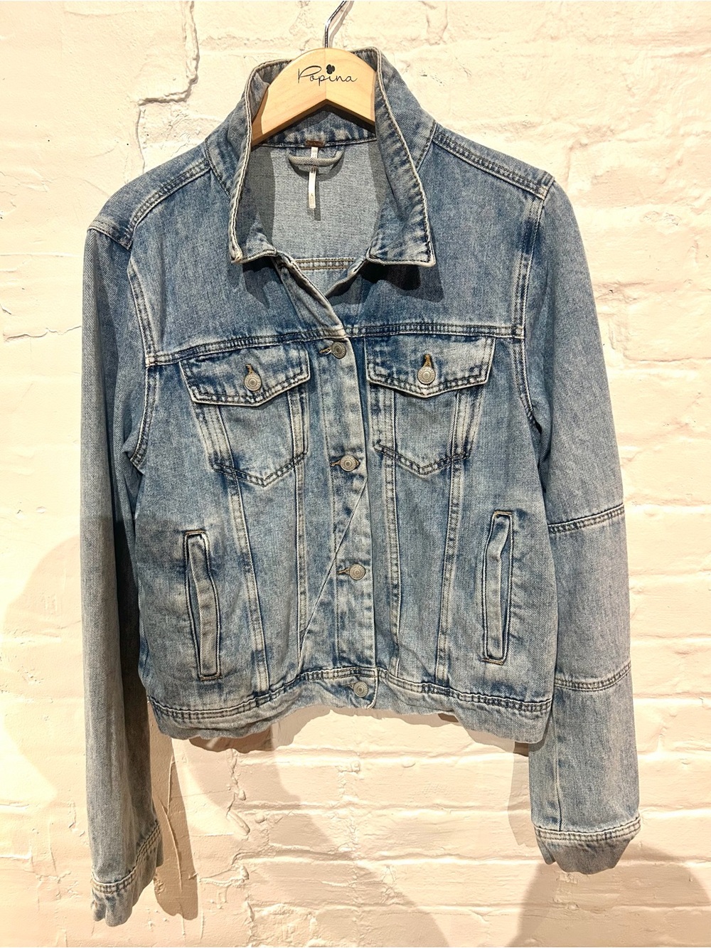 Free People Faded Light Blue Denim Trucker Jacket